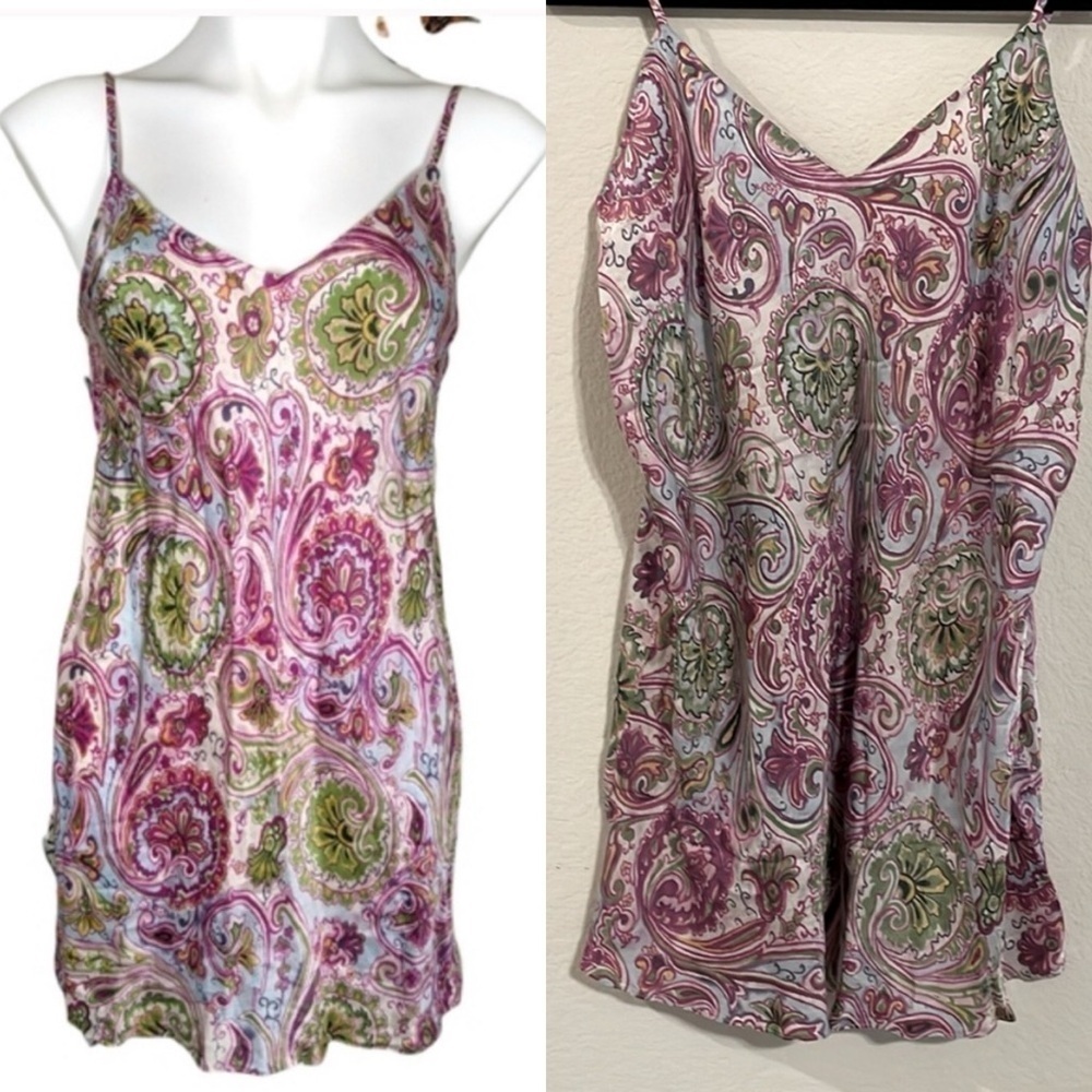 August Silk Women Chemise Intimates Large Purple Silk Colorful Floral Paisley